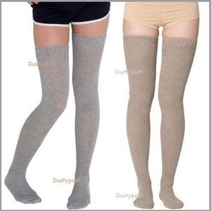 American Apparel Thigh High Socks Over The Knee Heather Beige Grey White Ribbed